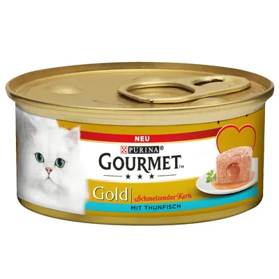 Purina Gourmet Gold, sulava ydin tonnikalalla. Uusi resepti kultaisessa purkissa.