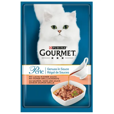 Purina Gourmet Perle Régal de Sauces au saumon, dans une sauce saveur saumon grillé. Image d’un chat blanc et d’un bol de nourriture en sauce.