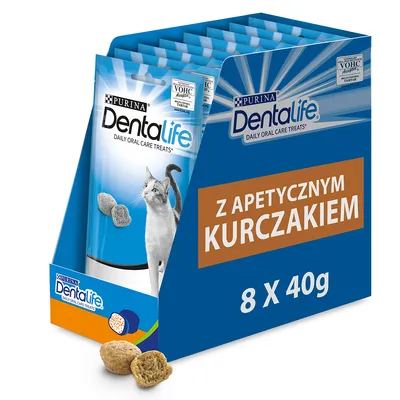 Purina Dentalife przysmaki dla kotów z apetycznym kurczakiem, 8 x 40 g. Widoczne opakowanie zbiorcze i pojedyncze saszetki, ilustracja kształtu przysmaków.
