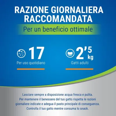 Razione giornaliera raccomandata: 17 per uso quotidiano, gatti adulti 2,5 kg. Lasciare sempre acqua fresca a disposizione e controllare il gatto mentre consuma lo snack.
