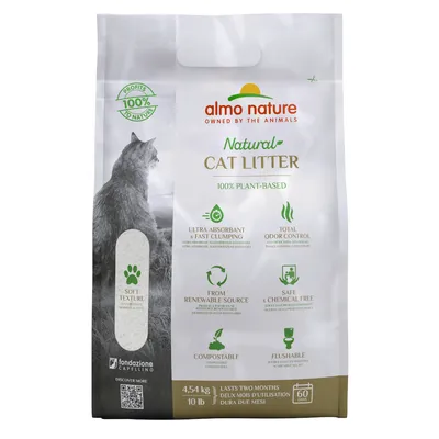 almo nature Natural Cat Litter, 100% plant-based, ultra absorbent, kontrola zápachu, měkká textura, kompostovatelné, splachovatelné, 4,54 kg, vydrží 60 dní