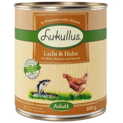 Lukullus Lachs & Huhn, mit Hirse, Thymian und Olivenöl. Adult. 800 g. Salmon & Chicken with millet, thyme and olive oil. Ursprünglicher Geschmack. In Harmony with Nature.