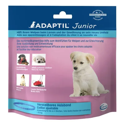 ADAPTIL Junior, podesiva ogrlica za štence do 15 kg, djeluje do 4 tjedna. Prikazane situacije: trening, ostanak kod kuće, plač, glasni zvukovi. Pakiranje s logom Ceva.