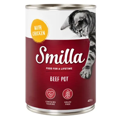 Lattina Smilla Beef Pot 400 g, con scritte: WITH CHICKEN, FOOD FOR A LIFETIME, CONTAINS TAURINE, GRAIN-FREE. Immagine di un gatto sulla confezione.