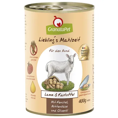 GranataPet Lieblings Mahlzeit dla psa, jagnięcina i ziemniaki z koprem włoskim, twarogiem i oliwą z oliwek. Bez zbóż, wyprodukowano w Niemczech, 400g netto.