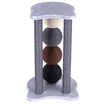 Scratching post with four stacked rope-wrapped balls in different colours, supported by three vertical posts and a soft base and top platform.