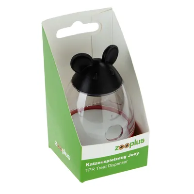Distributeur de friandises pour chats en plastique transparent avec couvercle noir, emballage vert zooplus, texte visible : Katzen:spielzeug Joey, TPR Treat Dispenser.