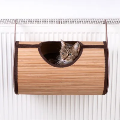 Niche pour chat en forme de cylindre, matériau aspect bois, suspendue à un radiateur. Chat tigré visible à l'intérieur par une ouverture ronde sur le devant.