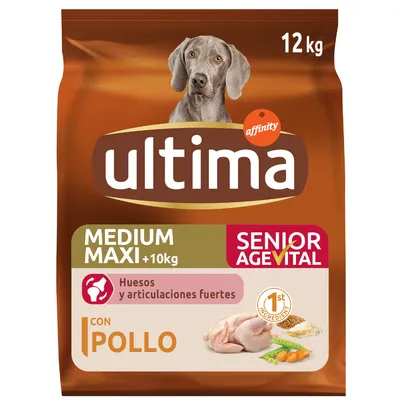 Ultima Medium Maxi +10kg Senior AgeVital dog food, 12kg pack, con pollo. Visible text: Huesos y articulaciones fuertes, 1st ingredient. Image of chicken and grains on packaging.