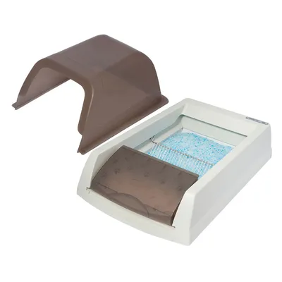 Automatic litter tray with removable brown hood and blue absorbent pad, showing waste compartment and entry flap.