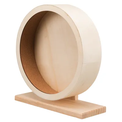 Ruota in legno chiaro con superficie interna in sughero e base stabile, adatta per piccoli animali.