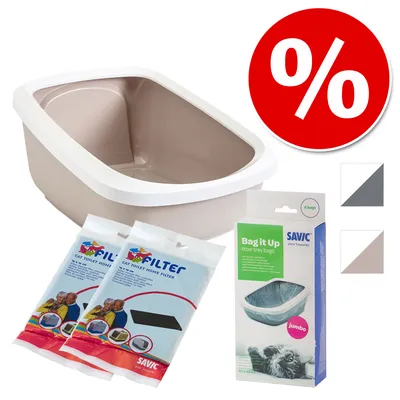 Savic Katzentoilette mit Filter, Beutel 'Bag it Up' und Rabattzeichen. Farben: Beige und Grau.