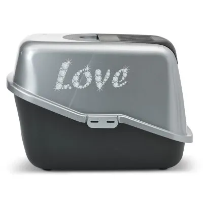 Toilette coperta per gatti con scritta decorativa 'Love' visibile sul lato superiore.