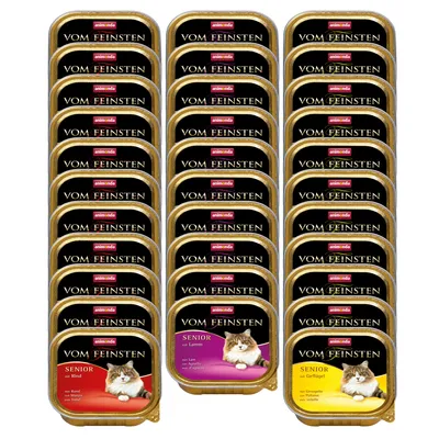 Vinte e quatro embalagens de comida húmida para gatos Animonda Vom Feinsten Senior, visíveis variedades: mit Rind, mit Lamm, mit Geflügel. Embalagens quadradas com tampa dourada.