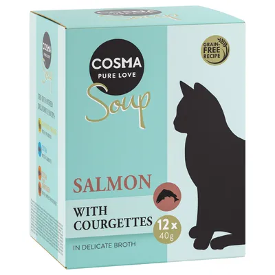 COSMA Pure Love Soup Salmon with Courgettes, 12 x 40 g. Grain Free Recipe. Kissankuvan siluetti pakkauksessa.