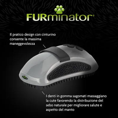 FURminator, spazzola con cinturino per massima maneggevolezza. Denti in gomma sagomati massaggiano la cute e favoriscono la distribuzione del sebo naturale per il manto.