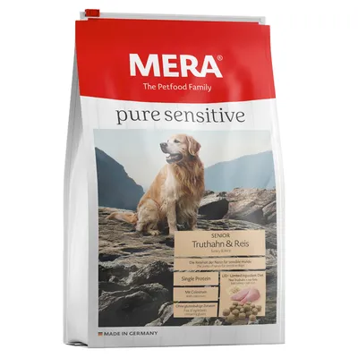 MERA pure sensitive Senior kalkkuna & riisi. Yksi proteiini, sisältää kolostrumia, ei gluteenipitoisia ainesosia. Valmistettu Saksassa.
