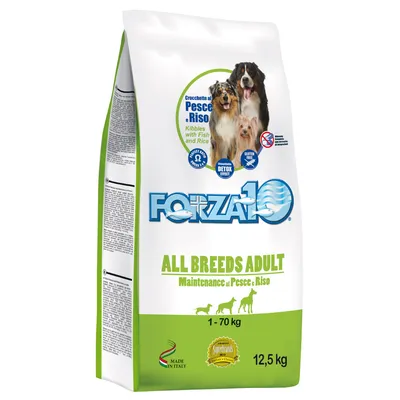 Sac Forza10 All Breeds Adult Maintenance Pesce e Riso, croquettes pour chiens 1–70 kg, 12,5 kg, avec poissons et riz, sans gluten, fabriqué en Italie. Texte anglais et italien visible.