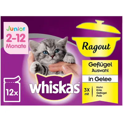 whiskas Junior 2–12 Monate Ragout Geflügel Auswahl in Gelee, 12x. 3x mit Huhn, Ente, Geflügel, Pute. Tekst na njemačkom jeziku.