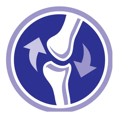 Icon showing two white bones forming a joint with two curved arrows around them on a blue circle background