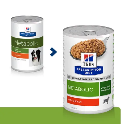To konserves med Hill's Prescription Diet Metabolic with Chicken hundefoder. Venstre dåse: Weight Management, billede af hund. Højre dåse: Veterinarian Recommended, weight loss & maintenance, skefuld foder.
