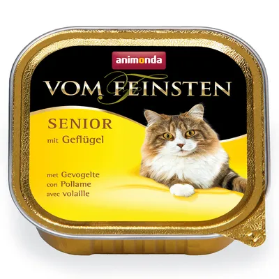 animonda Vom Feinsten SENIOR mit Geflügel, hrană umedă pentru pisici, imagine cu o pisică pe ambalaj. Text suplimentar: met Gevogelte, con Pollame, avec volaille.