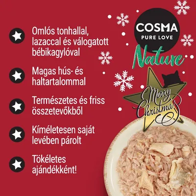 COSMA PURE LOVE Nature. Omlós tonhallal, lazaccal és válogatott bébikagylóval. Magas hús- és haltartalom, természetes összetevők, kíméletesen párolt, tökéletes ajándék.