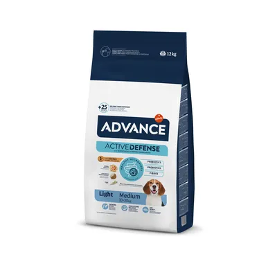 Advance Active Defense Light Medium Hundefutter mit Huhn, Präbiotika, Probiotika und Ballaststoffen. Für Hunde von 10-30kg. Packungsgrösse: 12kg.