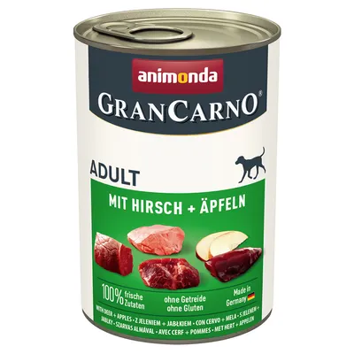 Konzerva animonda GranCarno Adult, MIT HIRSCH + ÄPFELN, 100% frische Zutaten, ohne Getreide ohne Gluten, Made in Germany. Zobrazené kúsky mäsa a jablka na etikete.