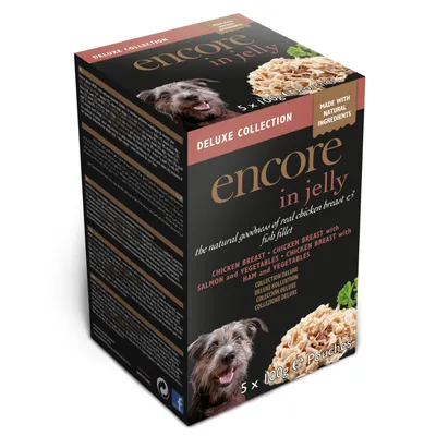 Encore in Jelly Deluxe Collection, made with natural ingredients. Contains chicken breast, salmon and vegetable, chicken breast with ham and vegetables. 5 x 100g pouches.