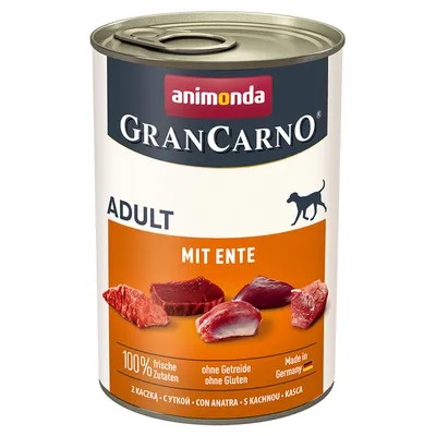 Konzerva animonda GranCarno Adult MIT ENTE, 100 % čerstvé ingrediencie, bez obilnín a gluténu, vyrobené v Nemecku. Obrázky kúskov mäsa na etikete.