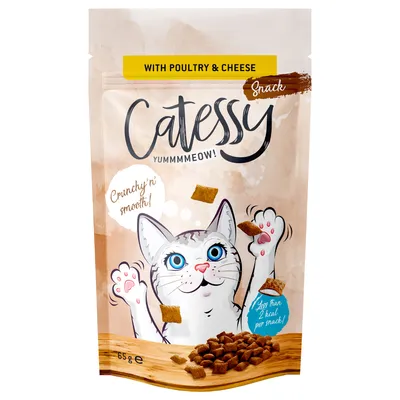 Catessy Snack s hydinou a syrom, menej ako 2 kcal na kus, 65 g balenie. Ilustrácia mačky so snackmi.
