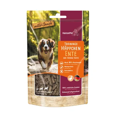 HansePet naturSnacks Træningsbidder And, min. 90% kødandel, monoprotein, kornfri, egnet til alle hundestørrelser, 100% naturlige ingredienser, skånsomt lufttørret. HansePet naturSnacks Træningsbidder And, min. 90% kødandel, monoprotein, kornfri, egnet til alle hundestørrelser, 100% naturlige ingredienser, skånsomt lufttørret.