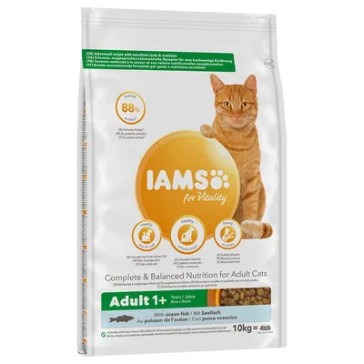 IAMS for Vitality Adult 1+ с морской рыбой, 10 кг. 88% животного белка, здоровая кожа и шерсть, здоровые мочевыводящие пути, крепкие мышцы. Полноценное питание для взрослых кошек.