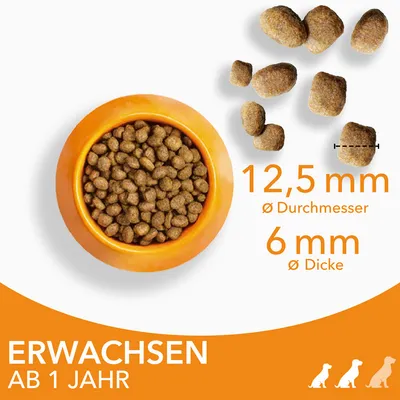 Trockenfutter für erwachsene Hunde ab 1 Jahr. Krokettengrösse: Durchmesser 12,5 mm, Dicke 6 mm. Abgebildet in einem orangefarbenen Napf.