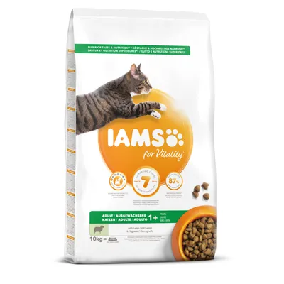 IAMS for Vitality Adult 1+ kissan kuivaruoka lampaanlihalla, 10 kg. Pakkauksessa näkyy kissa, nappuloita ja teksti: 87 % eläinproteiinia, tukee 7 elintoimintoa.