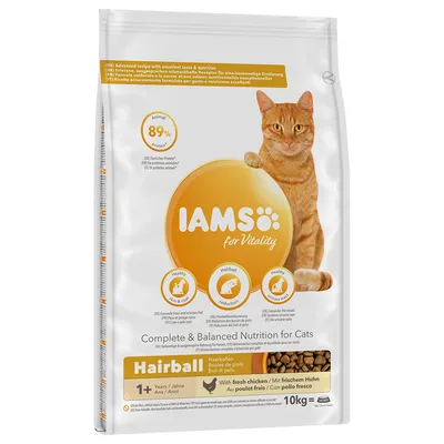 Sac de croquettes IAMS for Vitality Hairball pour chats, 89 % protéines animales, boules de poils, au poulet frais, 1+ ans, 10 kg. Texte en anglais, allemand, français et italien visible.