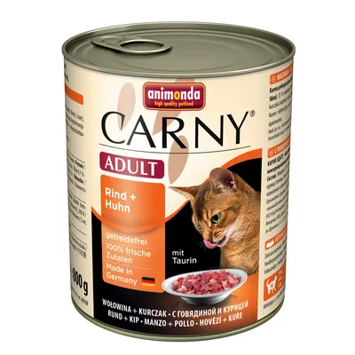 Konzerva Animonda Carny Adult Rind + Huhn, hovädzie a kuracie, 800 g. Text: getreidefrei, 100% frische Zutaten, Made in Germany, mit Taurin. Obrázok mačky pri miske s krmivom.
