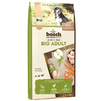Bosch Bio Adult koiranruoka 12 kuukaudesta alkaen, 11,5 kg. Sisältää arvokkaita luomuomenoita, 45 % tuoretta luomukanaa ja erityisen yrttiseoksen. Aikuisille koirille kaikille roduille.