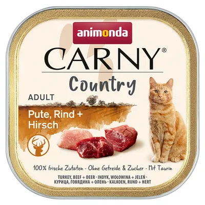 Animonda Carny Country ADULT Pute, Rind + Hirsch. Кутия с изображение на котка и парчета месо. 100% frische Zutaten – Ohne Getreide & Zucker – Mit Taurin.