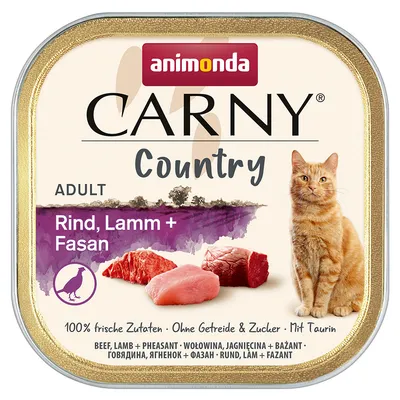 Animonda Carny Country Adult. Говеждо, агнешко и фазан. 100% пресни съставки, без зърнени и захар, с таурин. Снимка на котка и парчета месо.