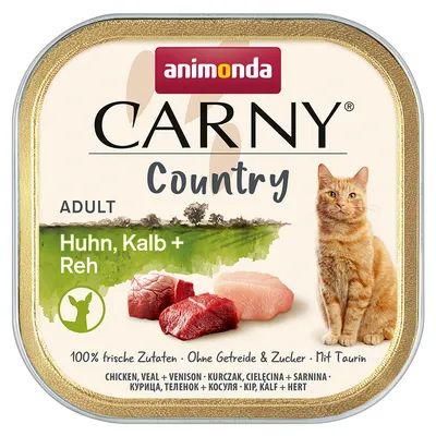 Опаковка Animonda Carny Country Adult, Huhn, Kalb + Reh. Изображение на котка и парчета месо. Текст: 100% frische Zutaten, Ohne Getreide & Zucker, Mit Taurin.