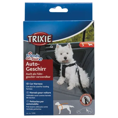Trixie car harness, also usable as a walking harness. Size S, includes adjustable short lead. Product image with dog in car. Item number: 1290.