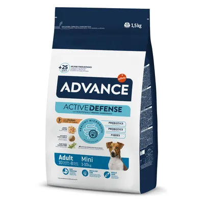 ADVANCE Active Defense Adult Mini 1–10 kg, 1,5 kg kutyatáp csomagolás. Látható: prebiotikumok, probiotikumok, rostok, csirkehús, felnőtt kis testű kutyáknak, kutya fotóval.