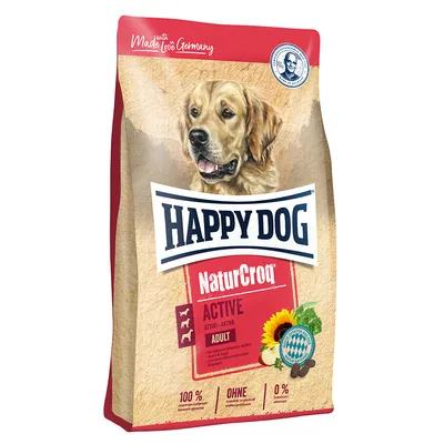 Happy Dog NaturCroq Active Adult. Prodotto in Germania. 100% ingredienti naturali, senza zuccheri aggiunti. Adatto a cani attivi. Immagine di un cane sulla confezione.