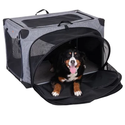 Transportbox aus grauem Stoff mit Netzfenstern, geöffnetem Eingang und einem Hund darin. Geeignet für Haustiertransport oder Ruheplatz.