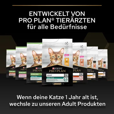 Purina Pro Plan Katzenfutter, entwickelt von Tierärzten für alle Bedürfnisse. Hinweis: Ab 1 Jahr zu Adult-Produkten wechseln.