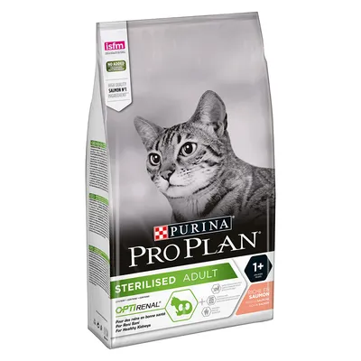 Purina Pro Plan Sterilised Adult, Optirenal, 1+ lat, bogata w łososia. Opakowanie z wizerunkiem kota i oznaczeniami: isfm, brak dodatku sztucznych barwników.