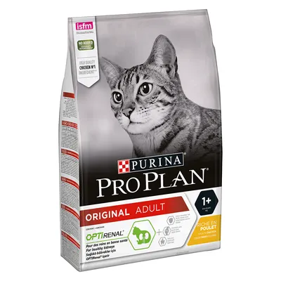 Pachet hrană uscată pentru pisici Purina Pro Plan Original Adult 1+, Optirenal, bogată în pui. Text vizibil: 'No added artificial colourants', 'High quality chicken No1 ingredient'.