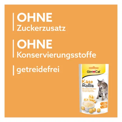 Texte en allemand : OHNE Zuckerzusatz, OHNE Konservierungsstoffe, getreidefrei. Paquet GimCat Käse Rollis avec un chat et des boules de fromage visibles sur l'emballage.